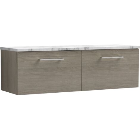 Nuie Arno Wall Hung 2-Drawer Vanity Unit with Carrera Marble Worktop 1200mm Wide - Solace oak (1/4)