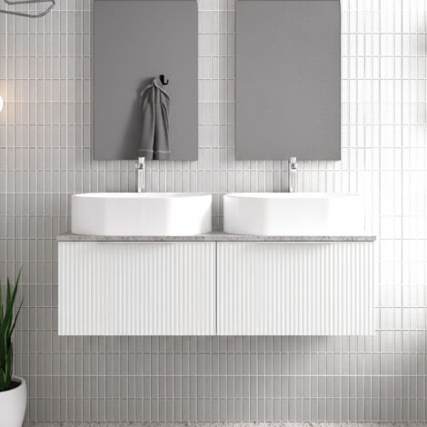 Hudson Reed Fluted Wall Hung 2-Drawer Vanity Unit with Bellato Grey Worktop 1200mm Wide - Satin White (1/4)