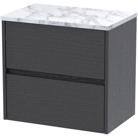 Havana Wall Hung 2-Drawer Vanity Unit with Carrera Marble Worktop 600mm Wide - Graphite Grey Woodgrain (1/4)