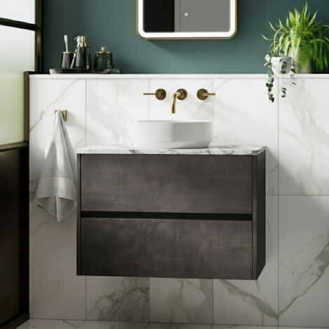 Nuie Havana Matt Metallic Slate 800mm Wall Hung 2 Drawer Vanity Unit with Carrera Marble Laminate Worktop - HAV2606LCM (1/5)