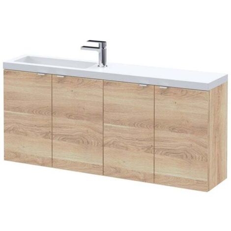 Hudson Reed Fusion Wall Hung 4-Door Vanity Unit with Slimline Basin 1200mm Wide - Bleached Oak