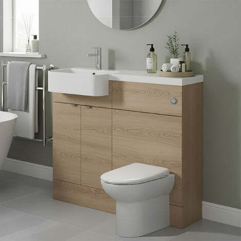Hudson Reed Fusion Bleached Oak Woodgrain 1000mm 2 Door Combination Vanity Unit Toilet Suite with Left Hand Round Semi Recessed Basin - CBI3044