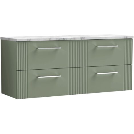Nuie Deco Wall Hung 4-Drawer Vanity Unit with Carrera Marble Worktop 1200mm Wide - Satin Green (1/4)