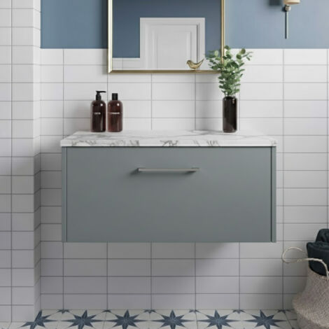 Hudson Reed Juno Wall Hung 1-Drawer Vanity with Carrera Marble Worktop 800mm Wide - Coastal Grey (1/4)