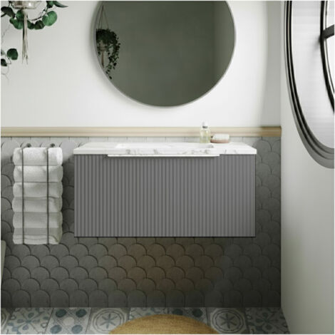 Hudson Reed Fluted Wall Hung 1-Drawer Vanity with Carrera Marble Worktop 800mm Wide - Satin Grey (1/4)