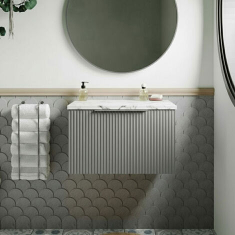Hudson Reed Fluted Wall Hung 1-Drawer Vanity Unit with Carrera Marble Worktop 600mm Wide - Satin Grey (1/4)