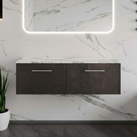 Hudson Reed Juno Wall Hung 2-Drawer Vanity Unit with Carrera Marble Worktop 1200mm Wide - Metallic Slate (1/4)