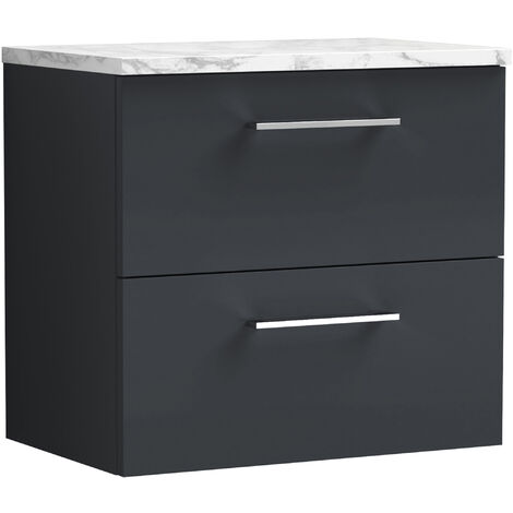 Nuie Arno Wall Hung 2-Drawer Vanity Unit with Carrera Marble Worktop 600mm Wide - Satin Anthracite (1/4)