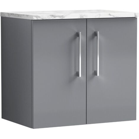 Nuie Arno Wall Hung 2-Door Vanity Unit with Carrera Marble Worktop 600mm Wide - Satin Grey (1/4)
