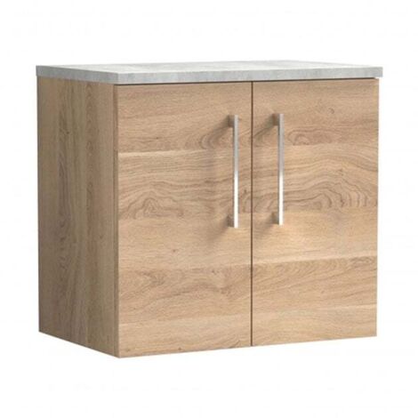 Nuie Arno Wall Hung 2-Door Vanity Unit with Bellato Grey Worktop 600mm Wide - Bleached Oak