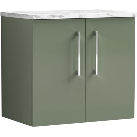 Nuie Arno Wall Hung 2-Door Vanity Unit with Carrera Marble Worktop 600mm Wide - Satin Green (1/4)