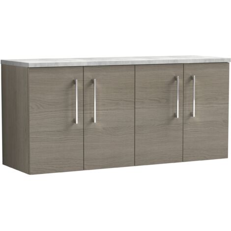 Nuie Arno Wall Hung 4-Door Vanity Unit with Bellato Grey Worktop 1200mm Wide - Solace oak (1/4)