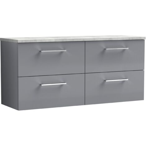 Nuie Arno Wall Hung 4-Drawer Vanity Unit with Bellato Grey Worktop 1200mm Wide - Satin Grey (1/4)