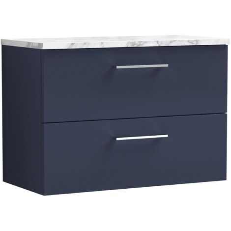 Nuie Arno Wall Hung 2-Drawer Vanity Unit with Carrera Marble Worktop 800mm Wide - Midnight Blue (1/4)