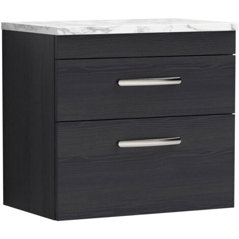 Nuie Athena Wall Hung 2-Drawer Vanity Unit with Carrera Marble Worktop 600mm Wide - Charcoal Black Woodgrain (1/4)