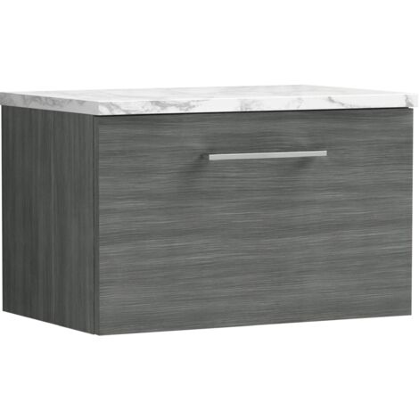 Nuie Arno Wall Hung 1-Drawer Vanity Unit with Carrera Marble Worktop 600mm Wide - Anthracite Woodgrain (1/4)
