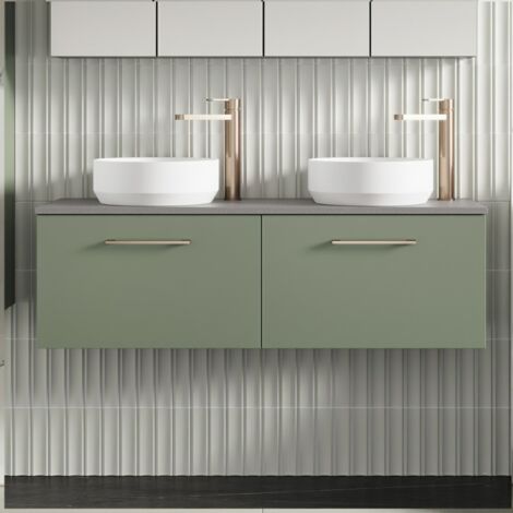 Nuie Arno Wall Hung 2-Drawer Vanity Unit with Bellato Grey Worktop 1200mm Wide - Satin Green (1/5)