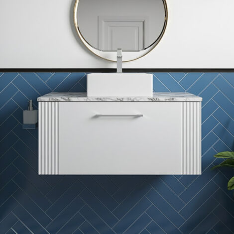 Nuie Deco Wall Hung 1-Drawer Vanity Unit with Carrera Marble Worktop 800mm Wide - Satin White (1/5)