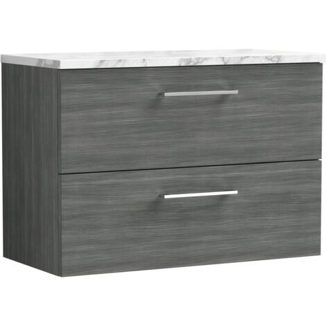 Nuie Arno Wall Hung 2-Drawer Vanity Unit with Carrera Marble Worktop 800mm Wide - Anthracite Woodgrain (1/4)