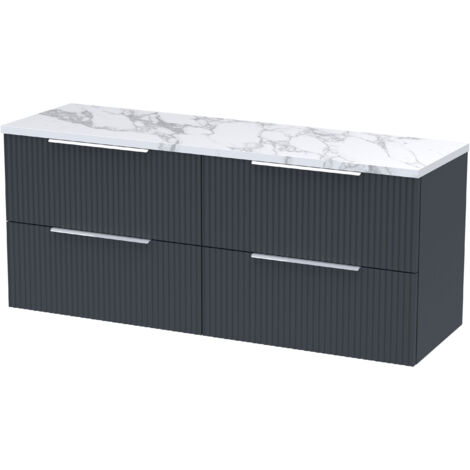 Hudson Reed Fluted Wall Hung 4-Drawer Vanity Unit with Carrera Marble Worktop 1200mm Wide - Satin Anthracite (1/3)