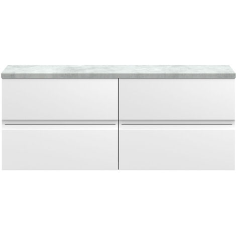 Hudson Reed Urban Wall Hung 4-Drawer Vanity Unit with Bellato Grey Worktop 1200mm Wide - Satin White (1/3)