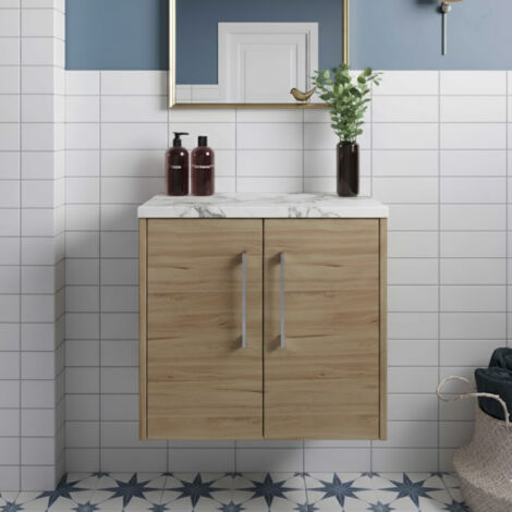 Hudson Reed Juno Wall Hung 2-Door Vanity Unit with Carrera Marble Worktop 600mm Wide - Autumn Oak