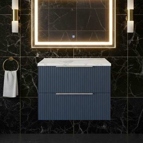 Hudson Reed Fluted Wall Hung 2-Drawer Vanity Unit with Carrera Marble Worktop 600mm Wide - Satin Blue (1/4)
