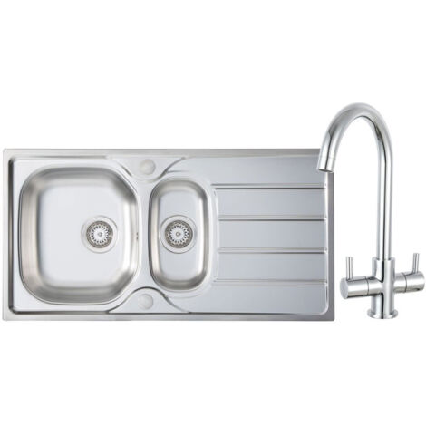 Prima 1.5 Bowl Kitchen Sink with Staten Sink Tap and inset Sink 965mm L x 500mm W - Stainless Steel/Chrome
