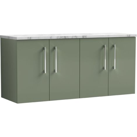 Nuie Arno Wall Hung 4-Door Vanity Unit with Carrera Marble Worktop 1200mm Wide - Satin Green (1/4)