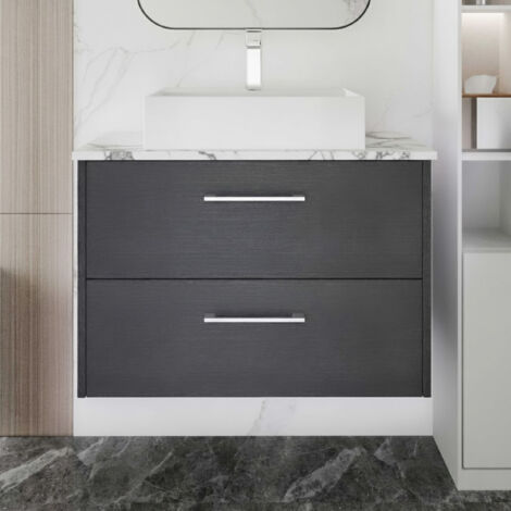 Hudson Reed Juno Wall Hung 2-Drawer Vanity Unit with Carrera Marble Worktop 800mm Wide - Graphite Grey Woodgrain (1/4)