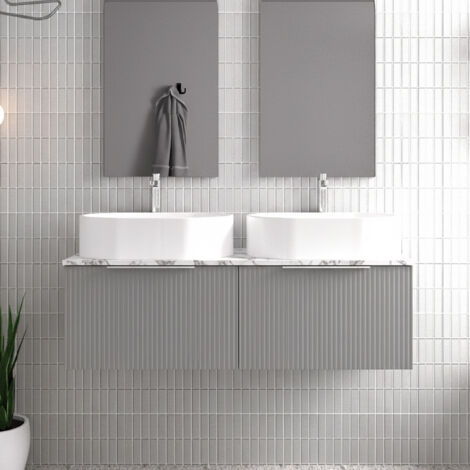 Hudson Reed Fluted Wall Hung 2-Drawer Vanity Unit with Carrera Marble Worktop 1200mm Wide - Satin Grey (1/4)