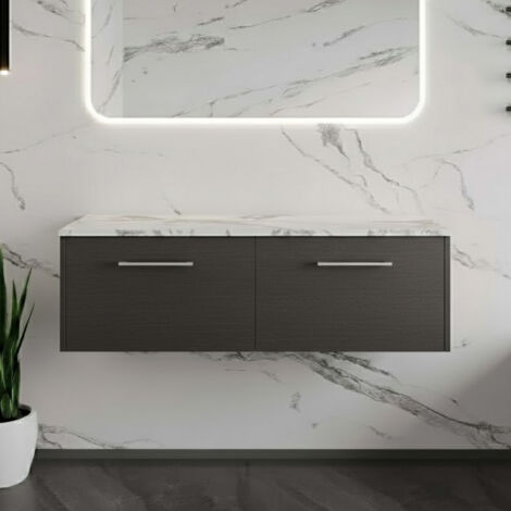 Hudson Reed Juno Wall Hung 2-Drawer Vanity Unit with Carrera Marble Worktop 1200mm Wide - Graphite Grey Woodgrain (1/4)