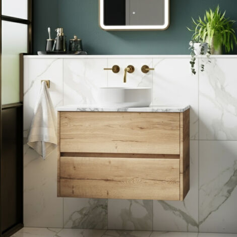 Havana Wall Hung 2-Drawer Vanity Unit with Carrera Marble Worktop 800mm Wide - Autumn Oak