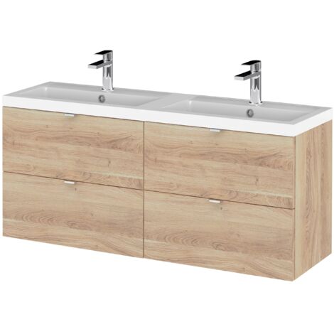 Hudson Reed Fusion Wall Hung 4-Drawer Vanity Unit with Double Ceramic Basin 1200mm Wide - Bleached Oak (1/5)