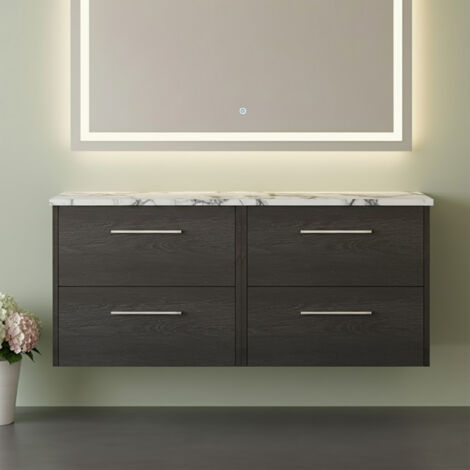 Hudson Reed Juno Wall Hung 4-Drawer Vanity Unit with Carrera Marble Worktop 1200mm Wide - Graphite Grey Woodgrain (1/4)