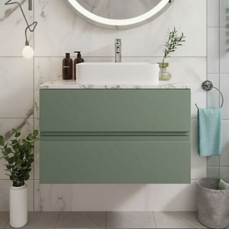 Hudson Reed Urban Wall Hung 2-Drawer Vanity Unit with Carrera Marble Worktop 800mm Wide - Satin Green