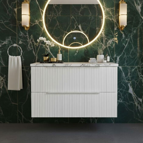 Hudson Reed Fluted Wall Hung 2-Drawer Vanity Unit with Carrera Marble Worktop 800mm Wide - Satin White