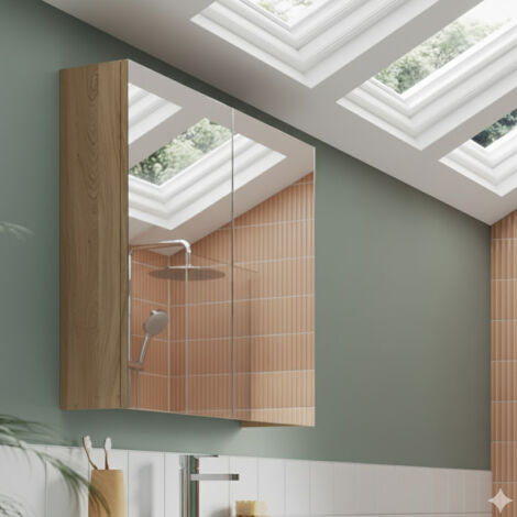 Nuie Arno Mirrored Bathroom Cabinet (50/50) 715mm H x 600mm W - Bleached Oak (1/4)