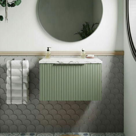 Hudson Reed Fluted Wall Hung 1-Drawer Vanity Unit with Carrera Marble Worktop 600mm Wide - Satin Green (1/4)