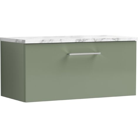 Nuie Arno Wall Hung 1-Drawer Vanity Unit with Carrera Marble Worktop 800mm Wide - Satin Green (1/4)