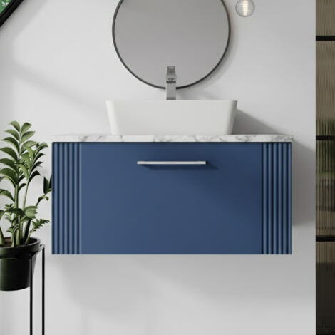 Nuie Deco Wall Hung 1-Drawer Vanity Unit with Carrera Marble Worktop 800mm Wide - Satin Blue (1/5)