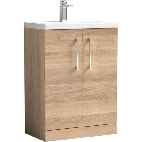 Nuie Arno Compact Floor Standing 2-Door Vanity Unit with Ceramic Basin 600mm Wide - Bleached Oak