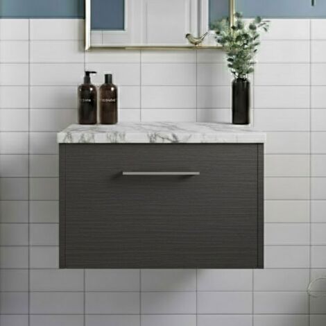 Hudson Reed Juno Wall Hung 1-Drawer Vanity Unit with Carrera Marble Worktop 600mm Wide - Graphite Grey Woodgrain (1/4)