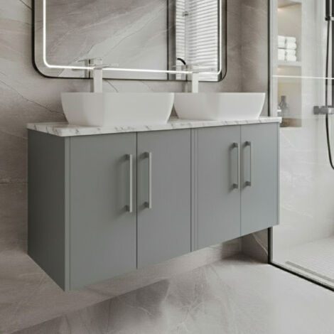 Hudson Reed Juno Wall Hung 4-Door Vanity Unit with Carrera Marble Worktop 1200mm Wide - Coastal Grey (1/4)