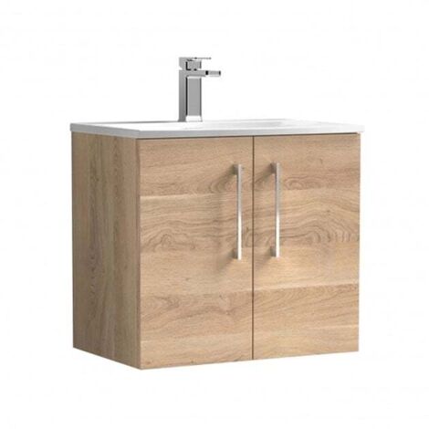Nuie Arno Bleached Oak Woodgrain 600mm Wall Hung 2 Door Vanity Unit and Curved Ceramic Basin - ARN3023G (1/4)