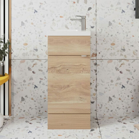 Hudson Reed Fusion Floor Standing 1-Door Vanity Unit with Compact Basin 400mm Wide - Bleached Oak