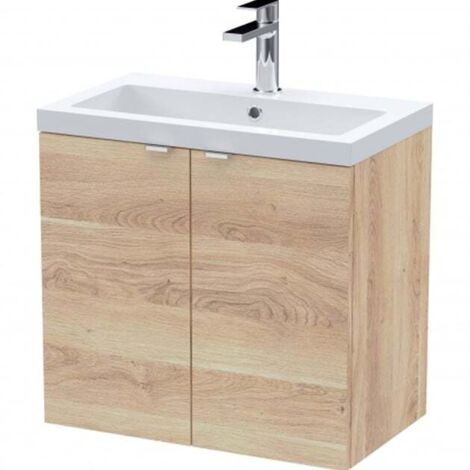 Hudson Reed Fusion Wall Hung 2-Door Vanity Unit with Basin 600mm Wide - Bleached Oak (1/5)