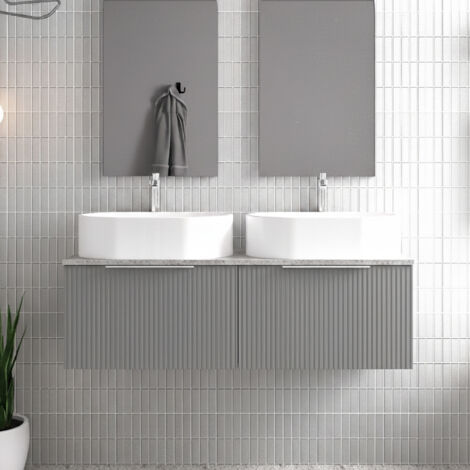 Hudson Reed Fluted Wall Hung 2-Drawer Vanity Unit with Bellato Grey Worktop 1200mm Wide - Satin Grey (1/4)