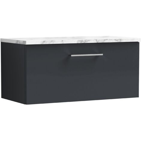 Nuie Arno Wall Hung 1-Drawer Vanity Unit with Carrera Marble Worktop 800mm Wide - Satin Anthracite (1/4)
