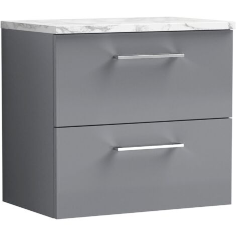 Nuie Arno Wall Hung 2-Drawer Vanity Unit with Carrera Marble Worktop 600mm Wide - Satin Grey (1/4)